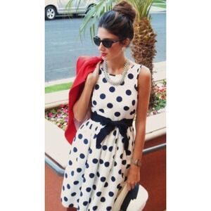 J.Crew Navy Polka Dots White Sleeveless Dress with Belt/Pockets Silk Blend W 12